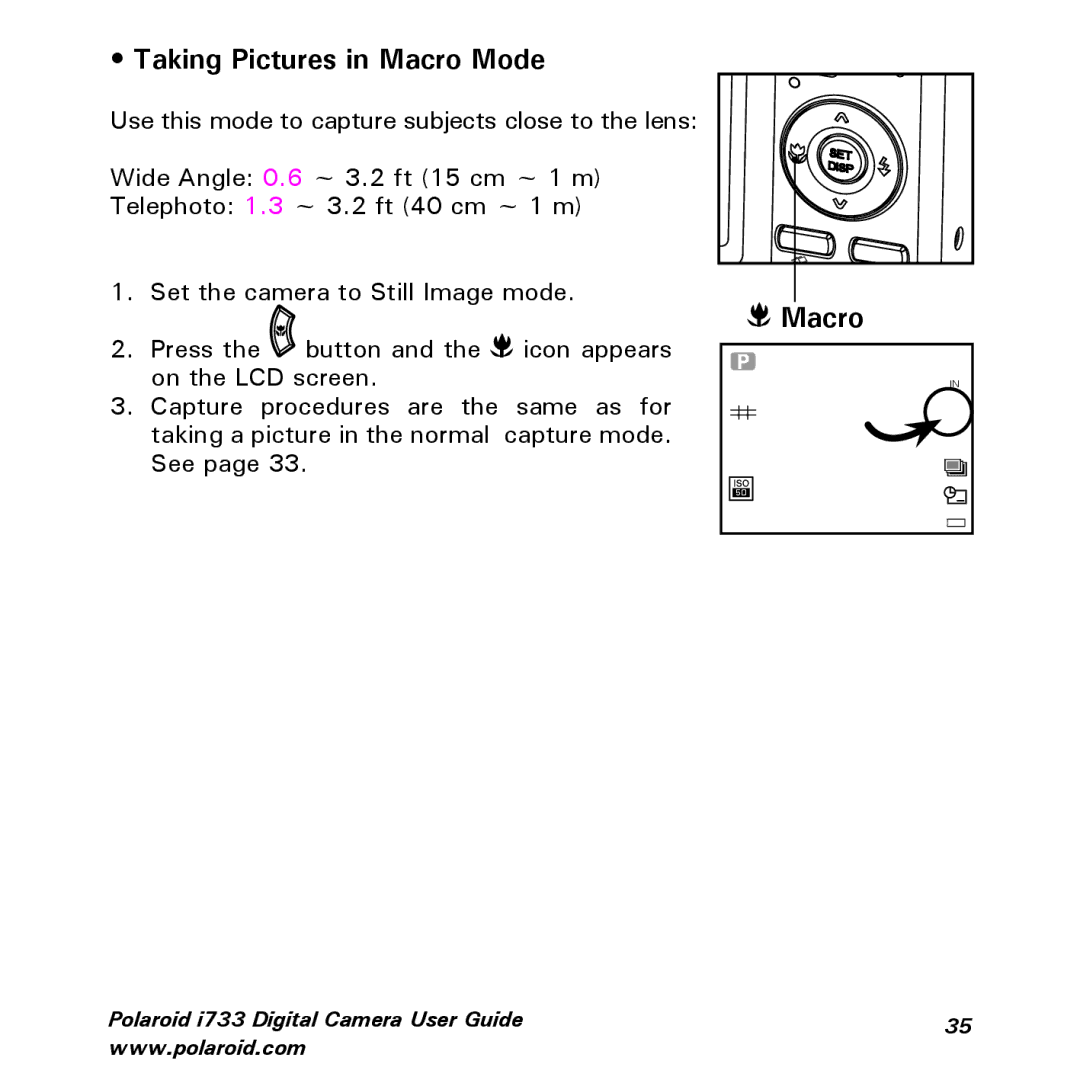 Polaroid i733 manual Taking Pictures in Macro Mode 