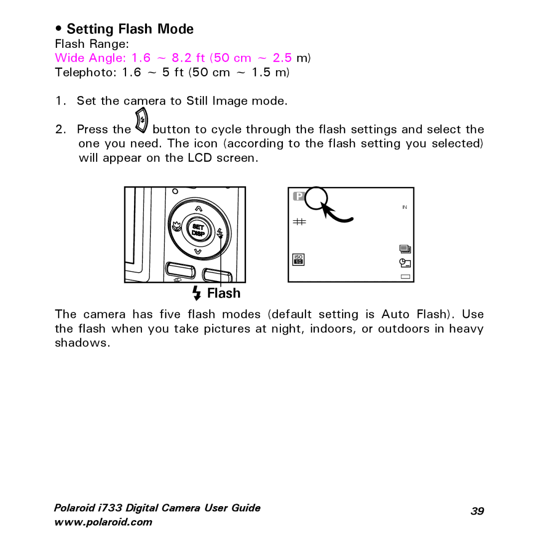 Polaroid i733 manual Setting Flash Mode 