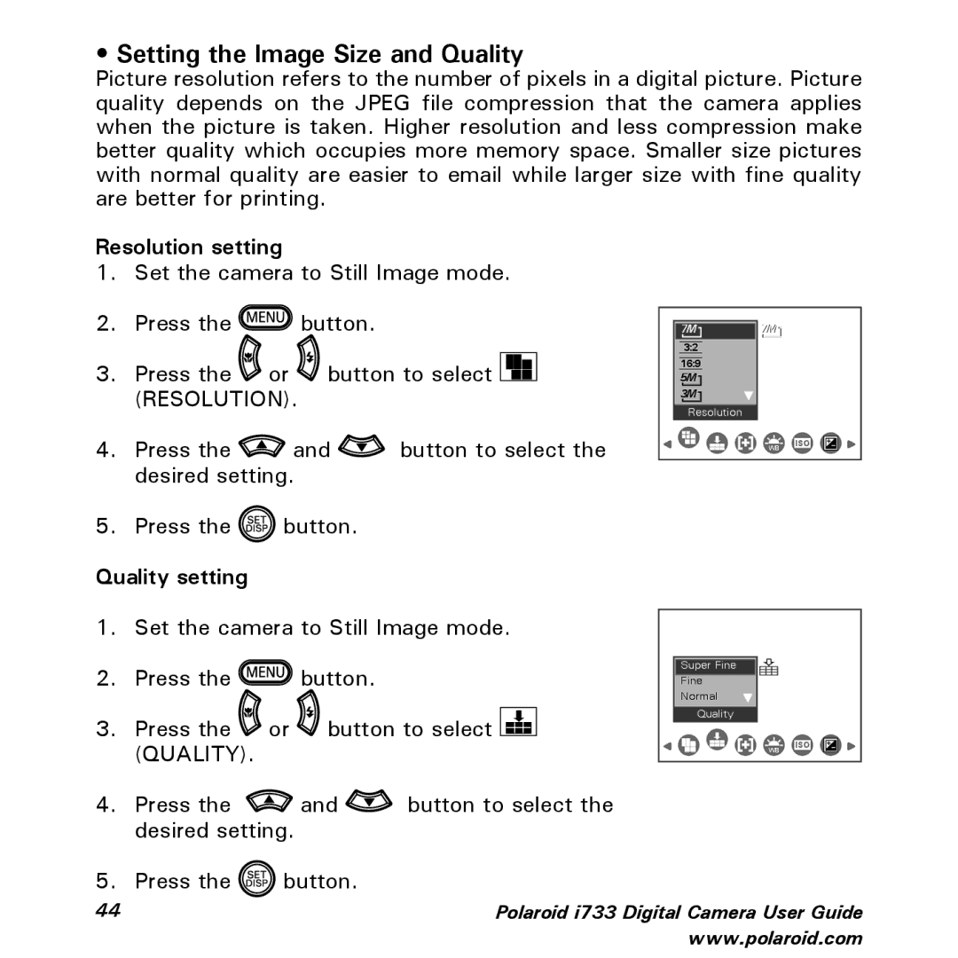 Polaroid i733 manual Setting the Image Size and Quality, Resolution setting, Quality setting 