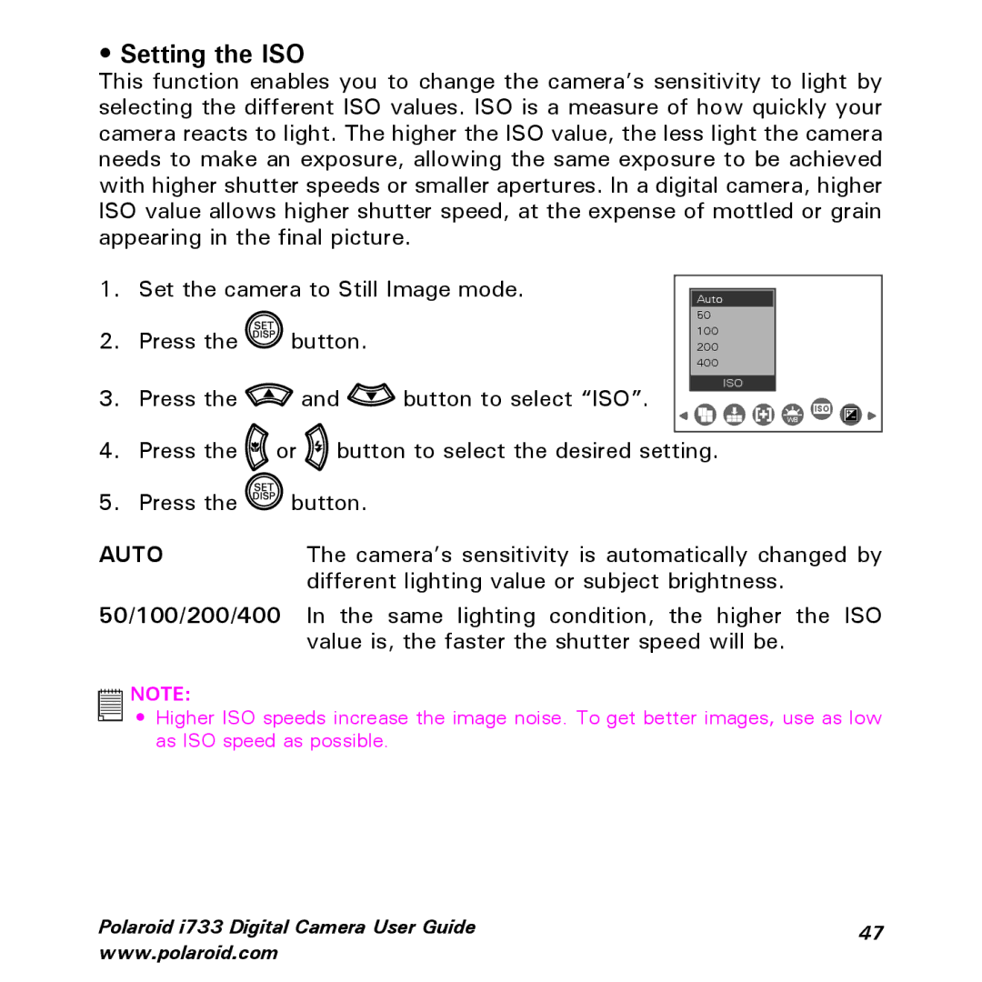 Polaroid i733 manual Setting the ISO, Auto 
