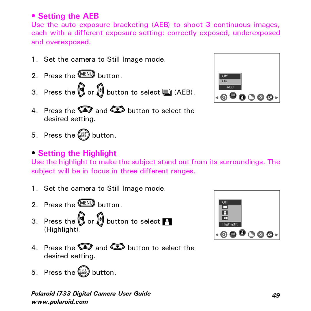 Polaroid i733 manual Setting the AEB 