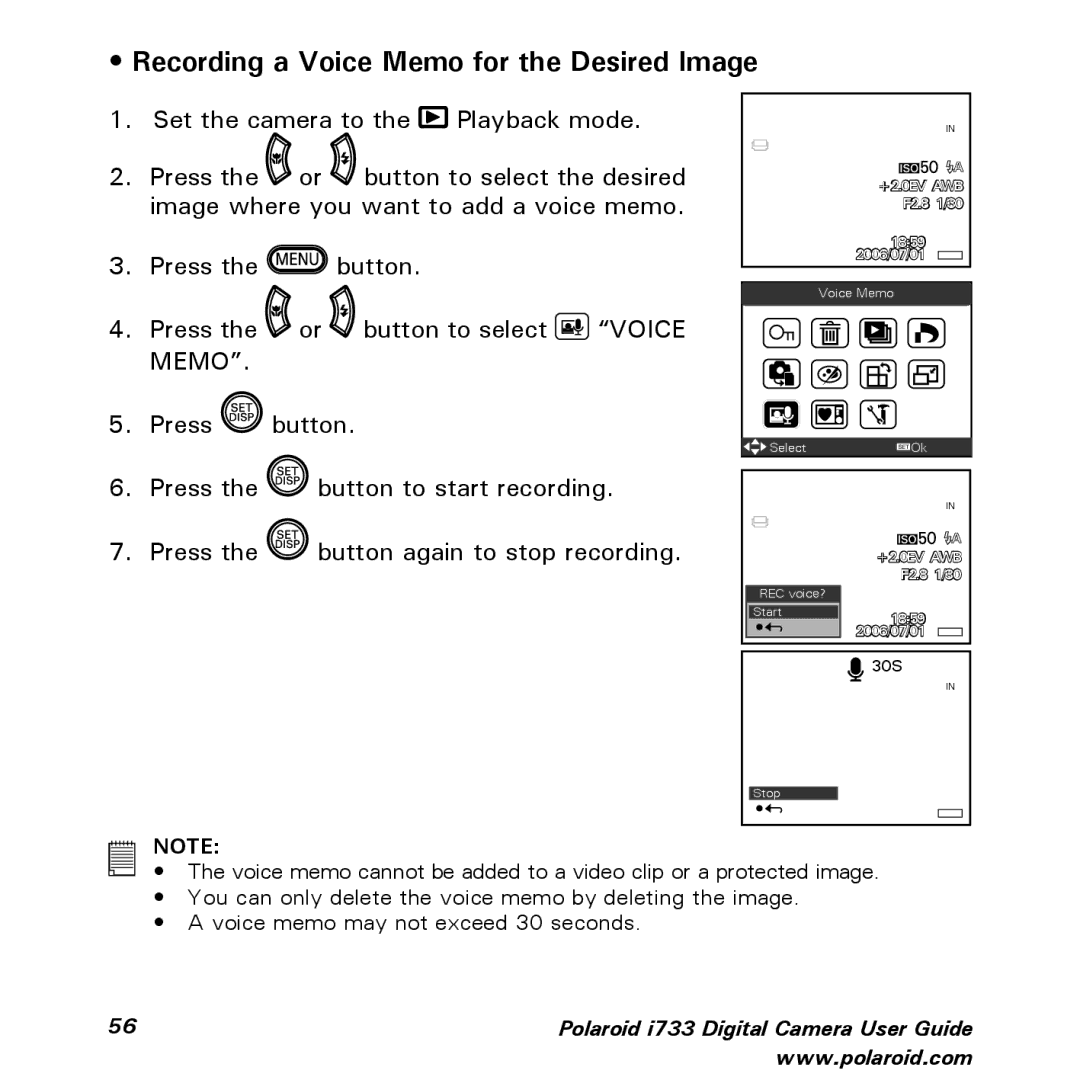 Polaroid i733 manual Recording a Voice Memo for the Desired Image 