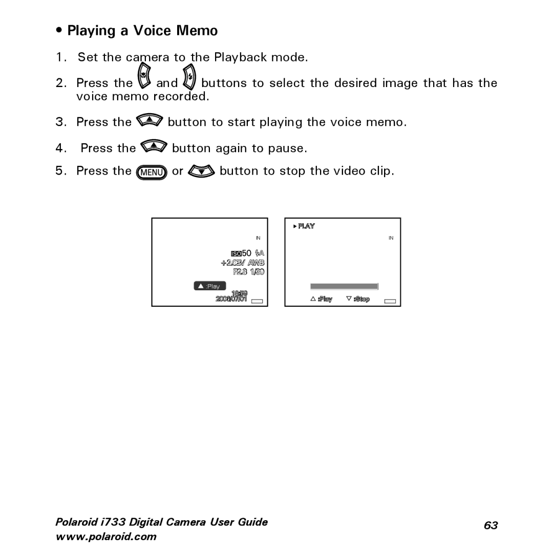 Polaroid i733 manual Playing a Voice Memo 