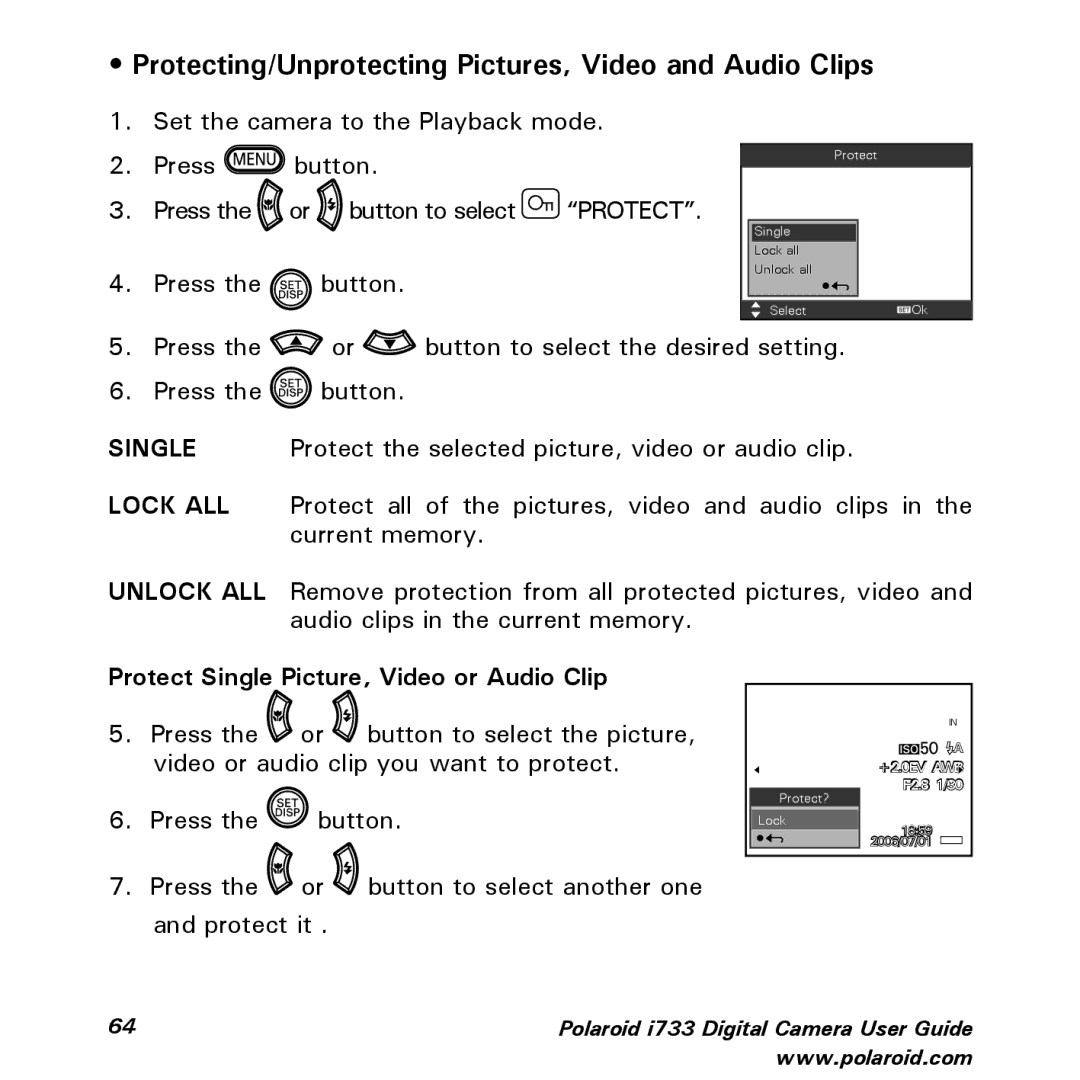 Polaroid i733 manual Protecting/Unprotecting Pictures, Video and Audio Clips, Protect Single Picture, Video or Audio Clip 