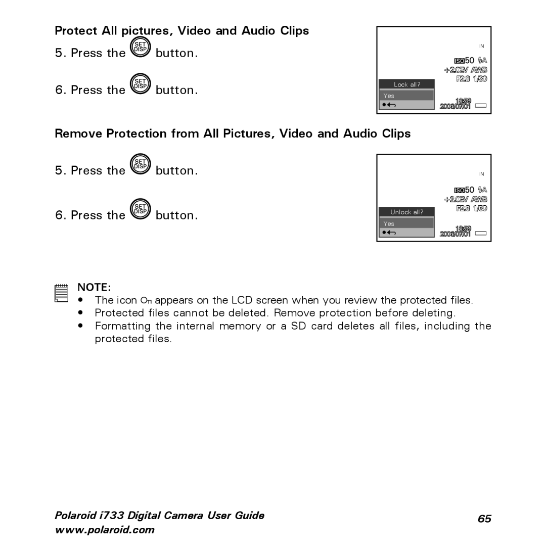 Polaroid i733 Protect All pictures, Video and Audio Clips, Remove Protection from All Pictures, Video and Audio Clips 