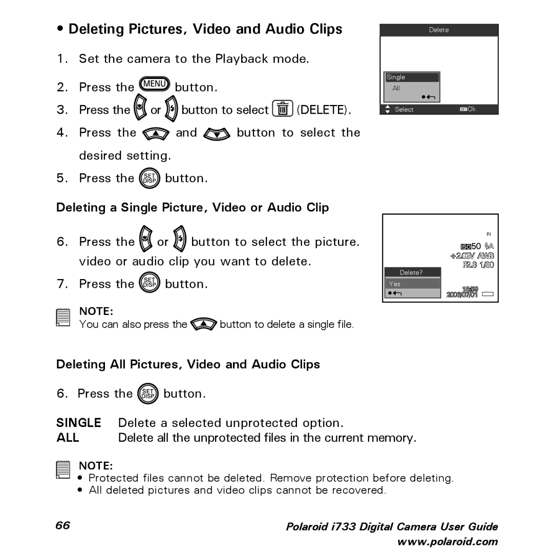 Polaroid i733 manual Deleting Pictures, Video and Audio Clips, Deleting a Single Picture, Video or Audio Clip 