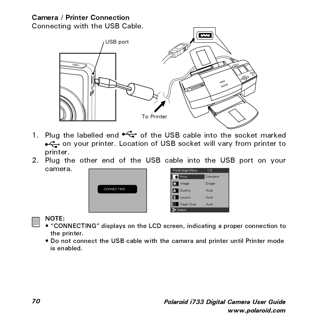 Polaroid i733 manual Camera / Printer Connection 