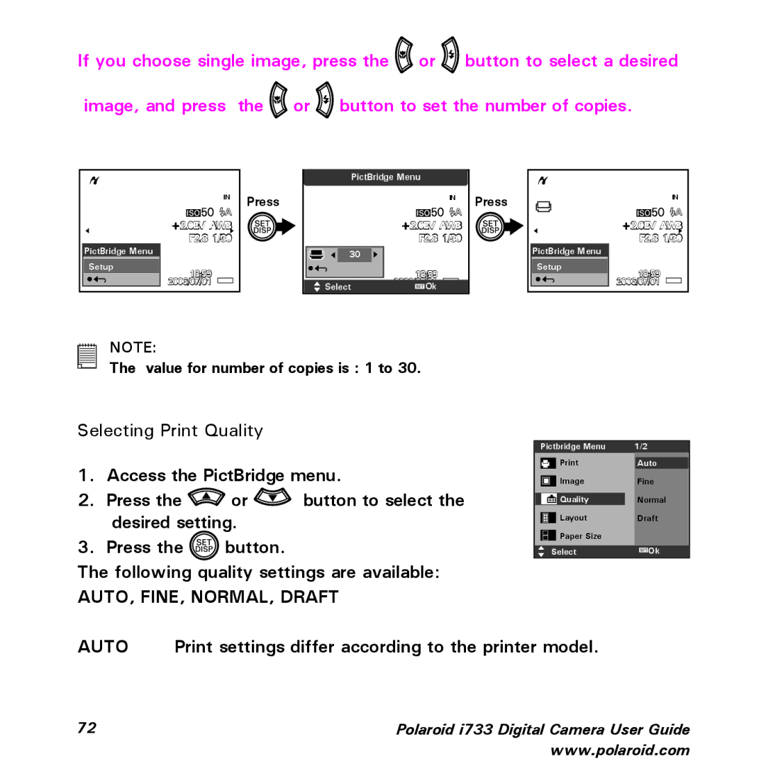 Polaroid i733 manual Selecting Print Quality, Auto 