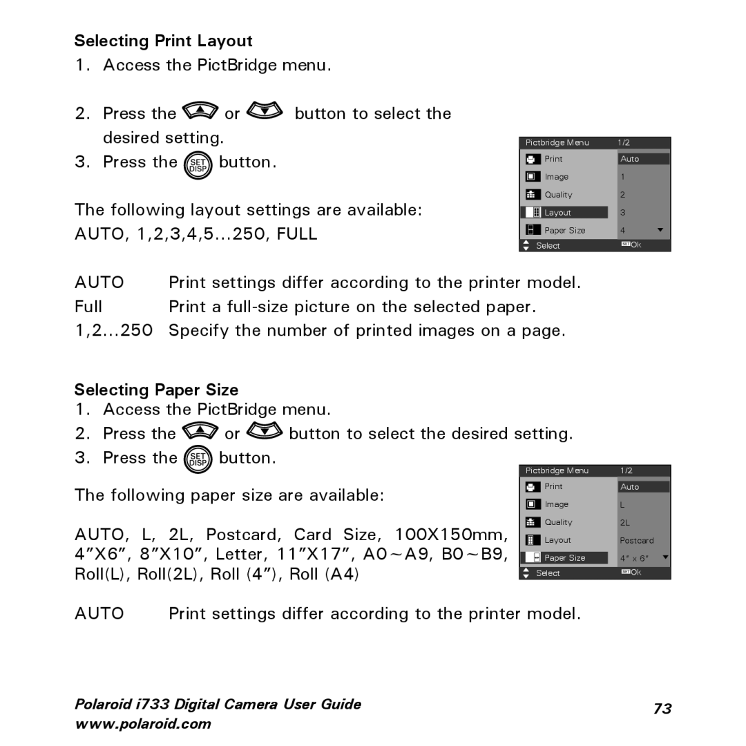 Polaroid i733 manual Selecting Print Layout, Selecting Paper Size 