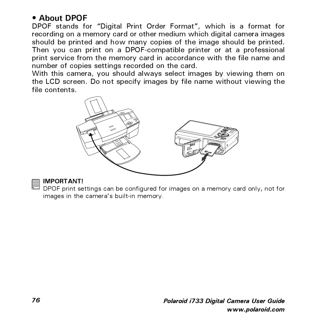 Polaroid i733 manual About Dpof 