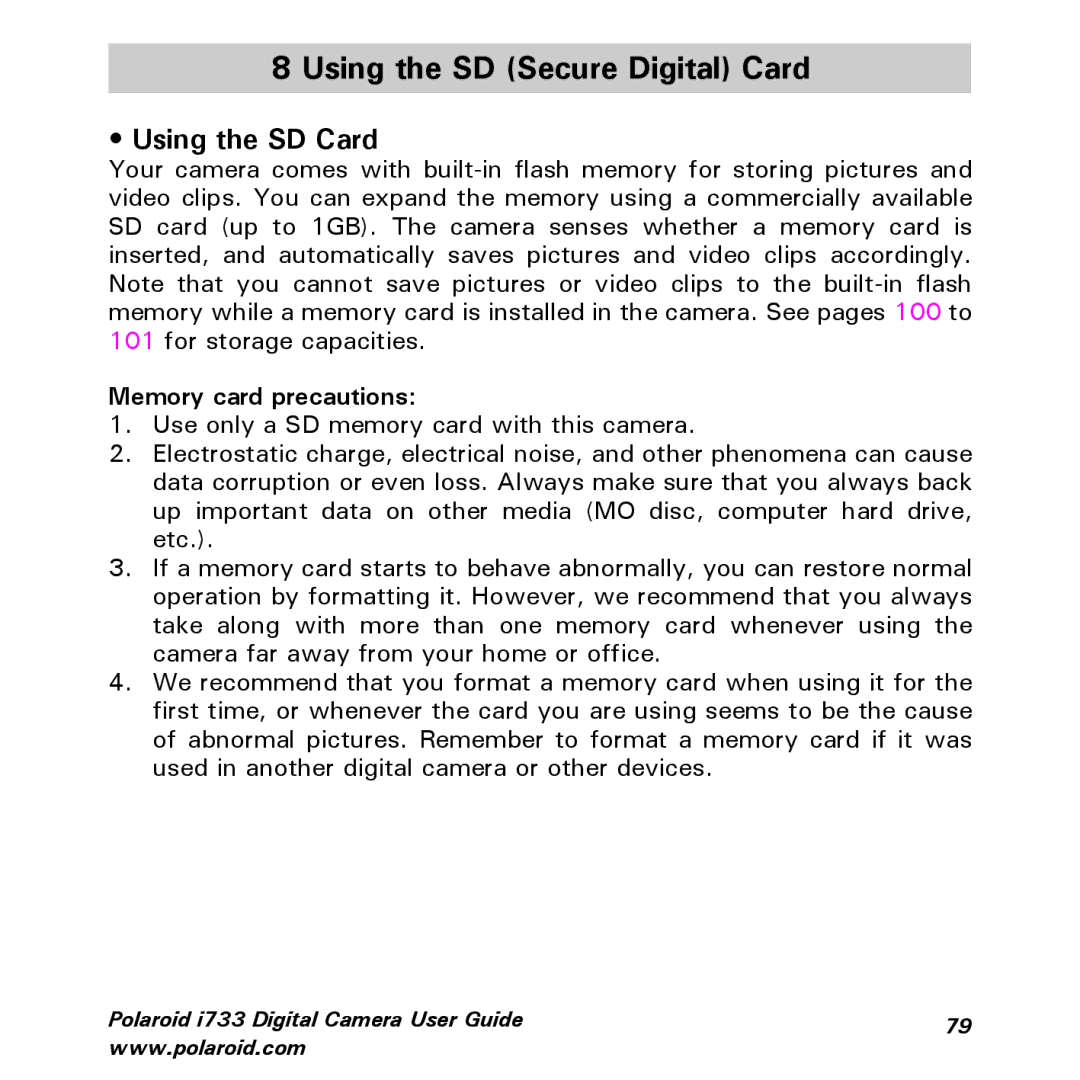 Polaroid i733 manual Using the SD Secure Digital Card, Using the SD Card, Memory card precautions 