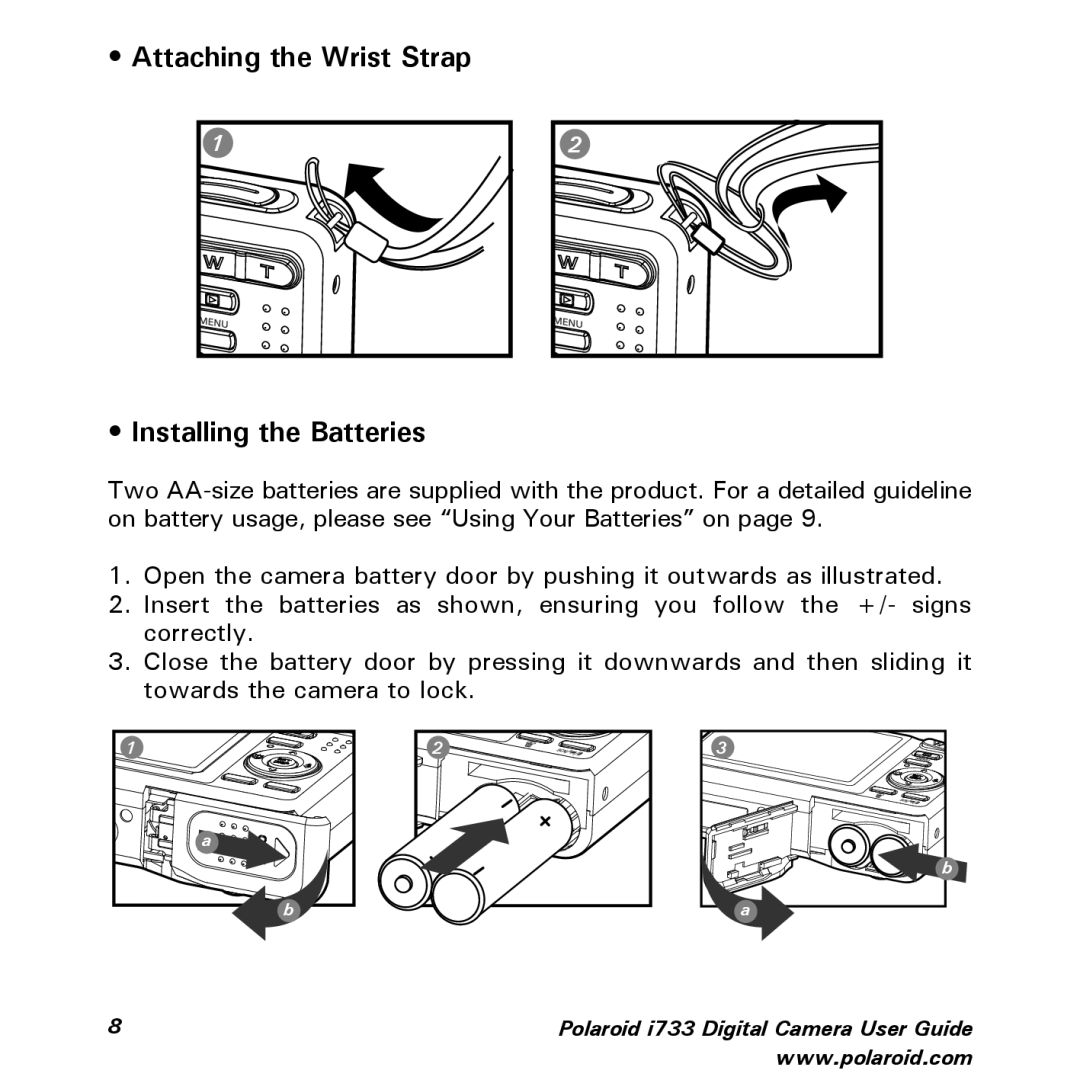 Polaroid i733 manual Attaching the Wrist Strap Installing the Batteries 