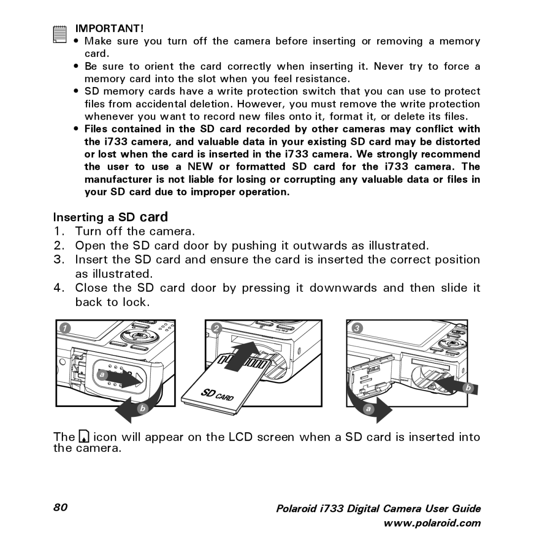 Polaroid i733 manual Inserting a SD card, Camera 