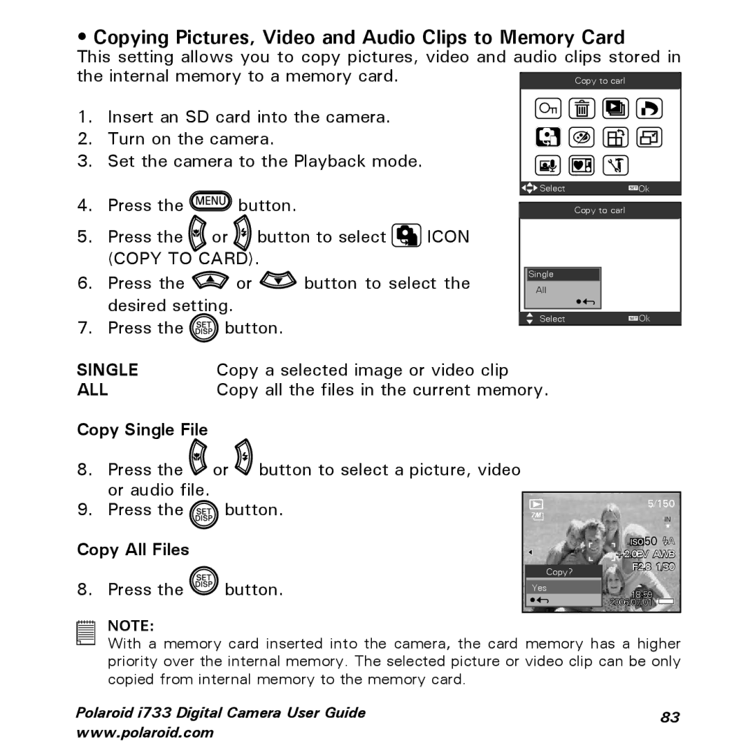 Polaroid i733 manual Copying Pictures, Video and Audio Clips to Memory Card, Copy All Files 