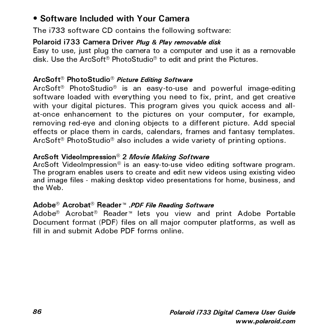 Polaroid manual Software Included with Your Camera, Polaroid i733 Camera Driver Plug & Play removable disk 
