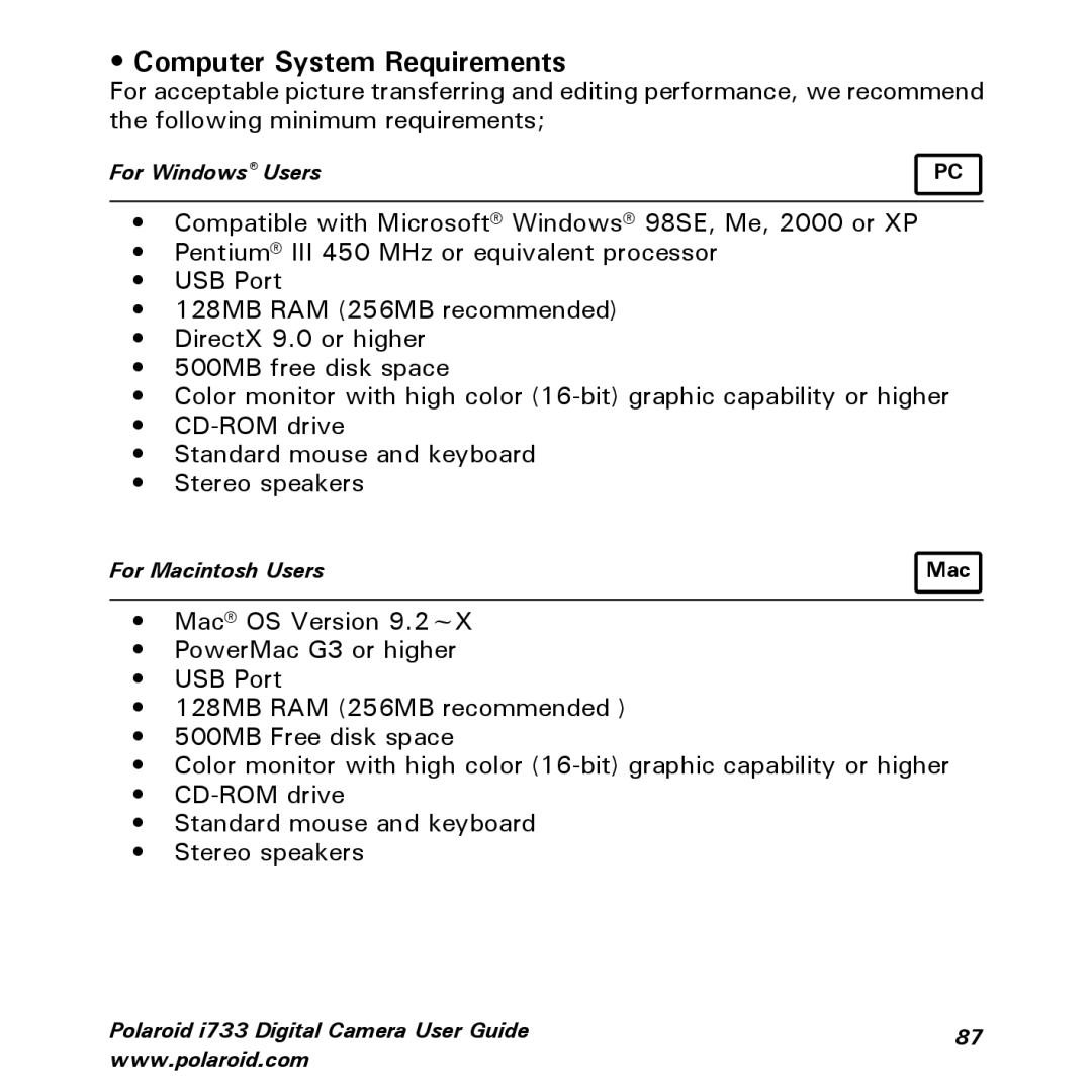 Polaroid i733 manual Computer System Requirements 