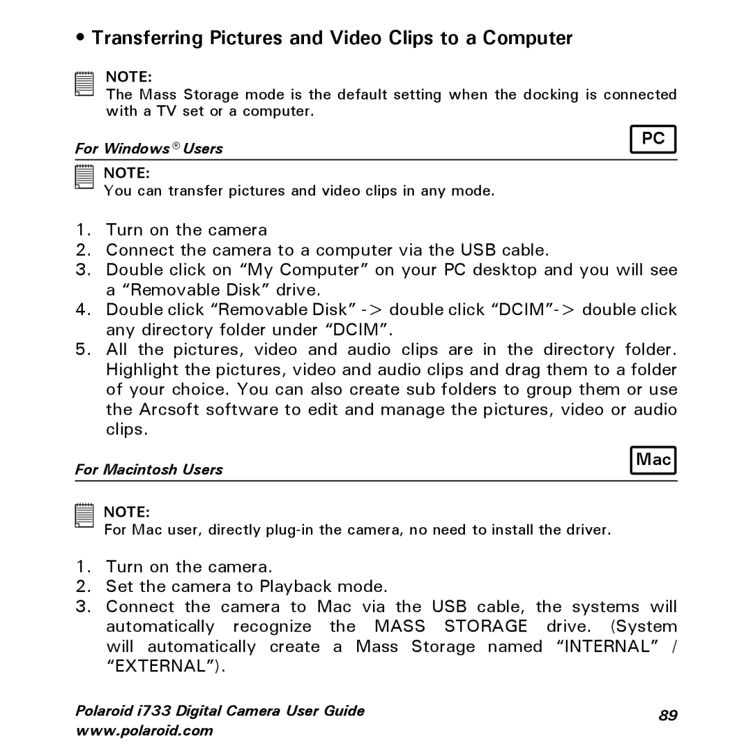 Polaroid i733 manual Transferring Pictures and Video Clips to a Computer 