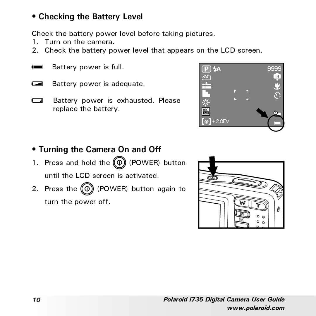 Polaroid i735 manual Checking the Battery Level, Turning the Camera On and Off 