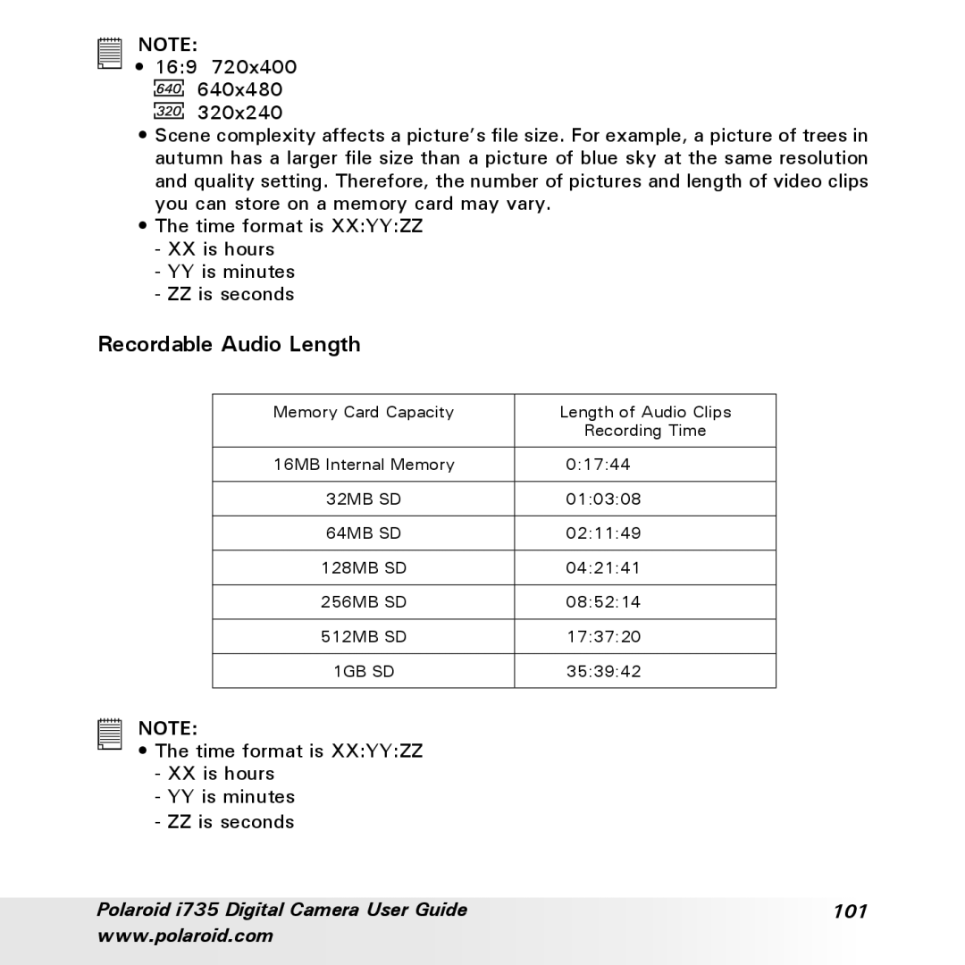 Polaroid i735 manual Recordable Audio Length 