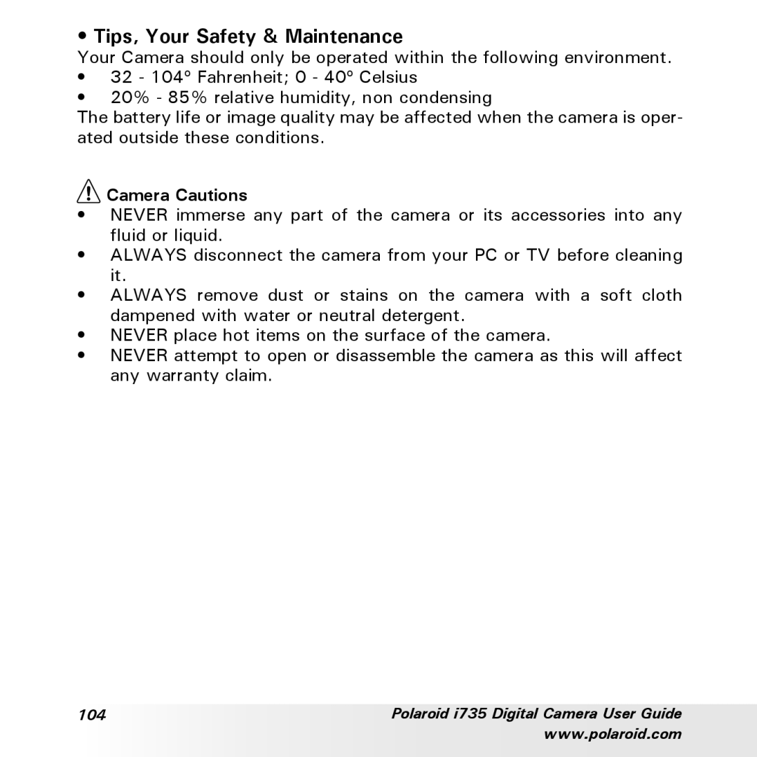 Polaroid i735 manual Tips, Your Safety & Maintenance, Camera Cautions 