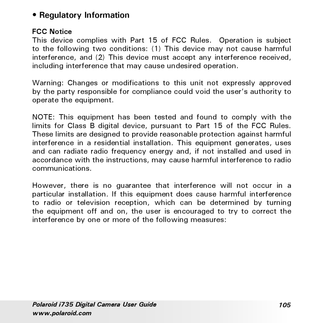 Polaroid i735 manual Regulatory Information, FCC Notice 