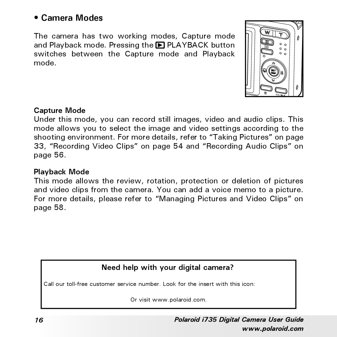 Polaroid i735 manual Camera Modes, Capture Mode, Playback Mode 