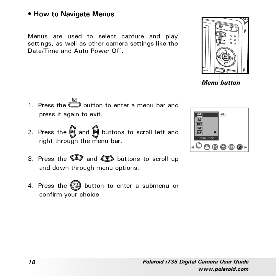 Polaroid i735 manual How to Navigate Menus, Menu button 