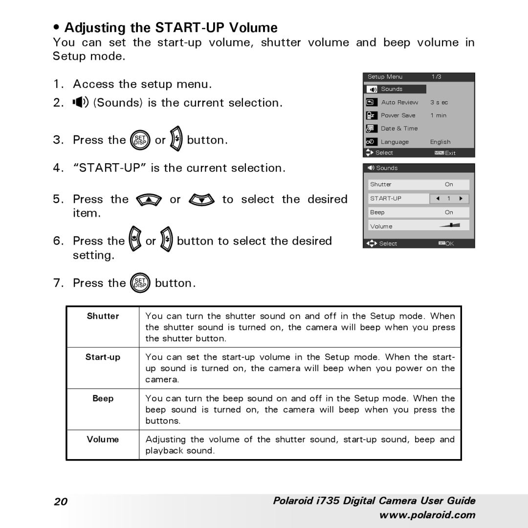 Polaroid i735 manual Adjusting the START-UP Volume, Shutter 