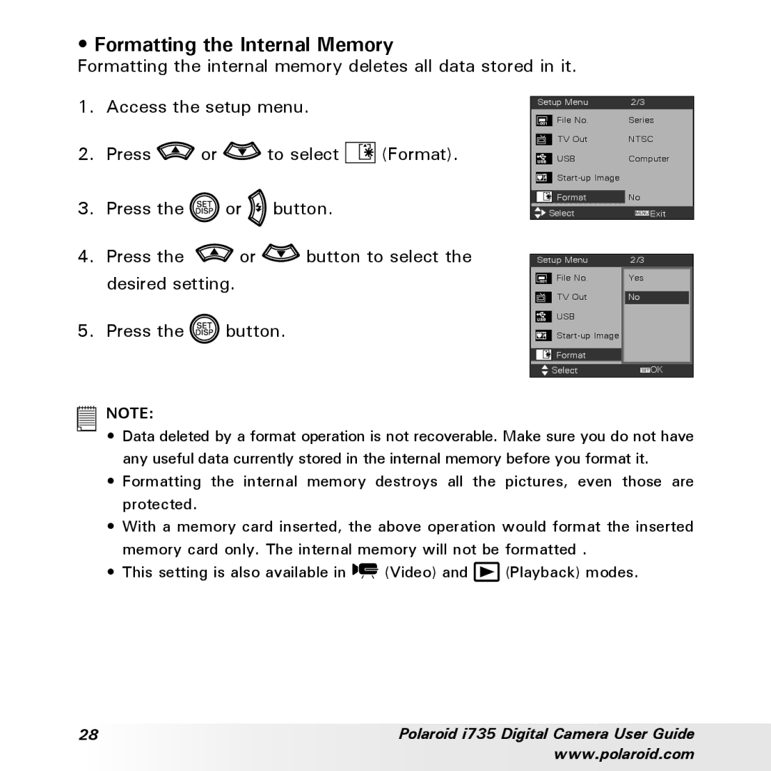 Polaroid i735 manual Formatting the Internal Memory 