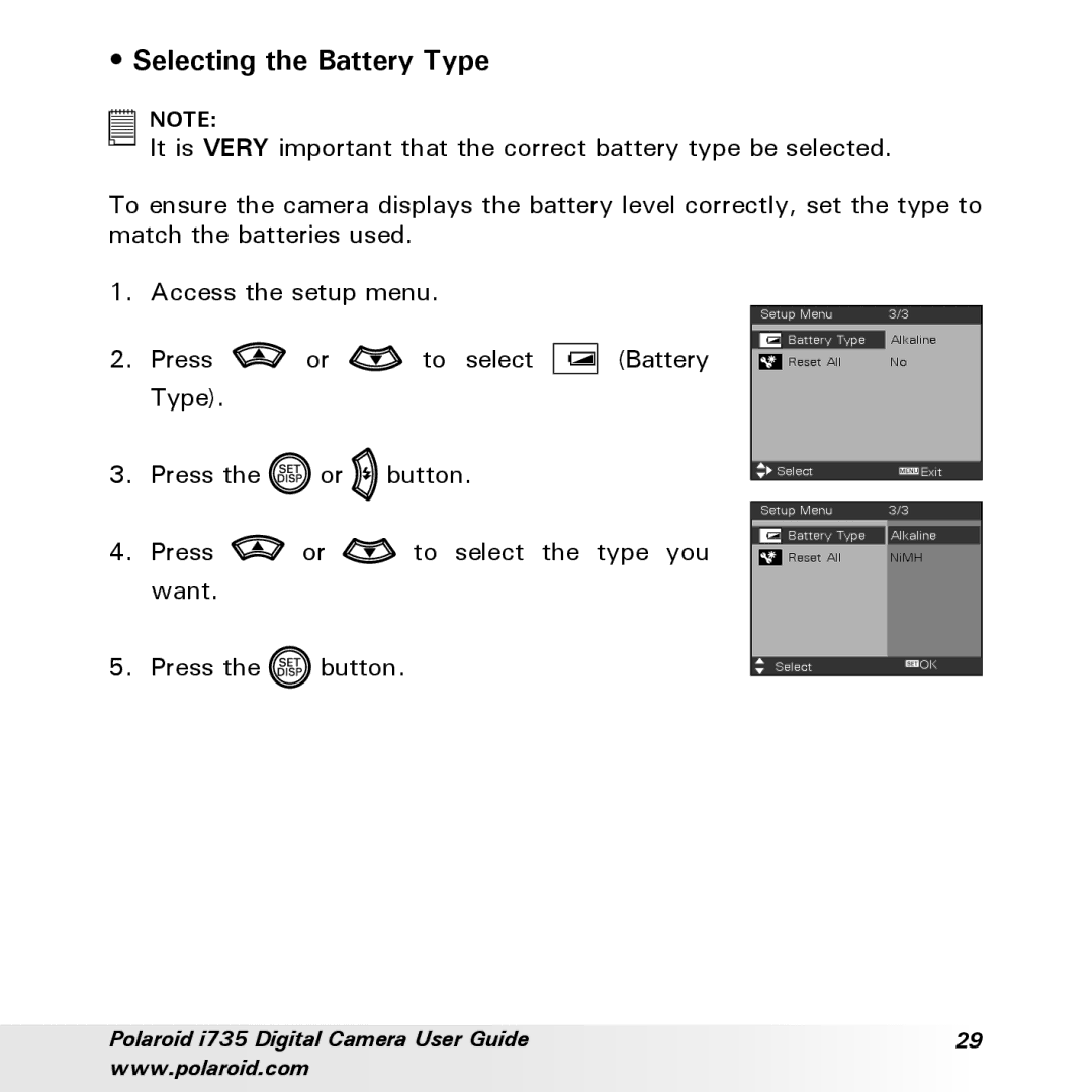 Polaroid i735 manual Selecting the Battery Type 