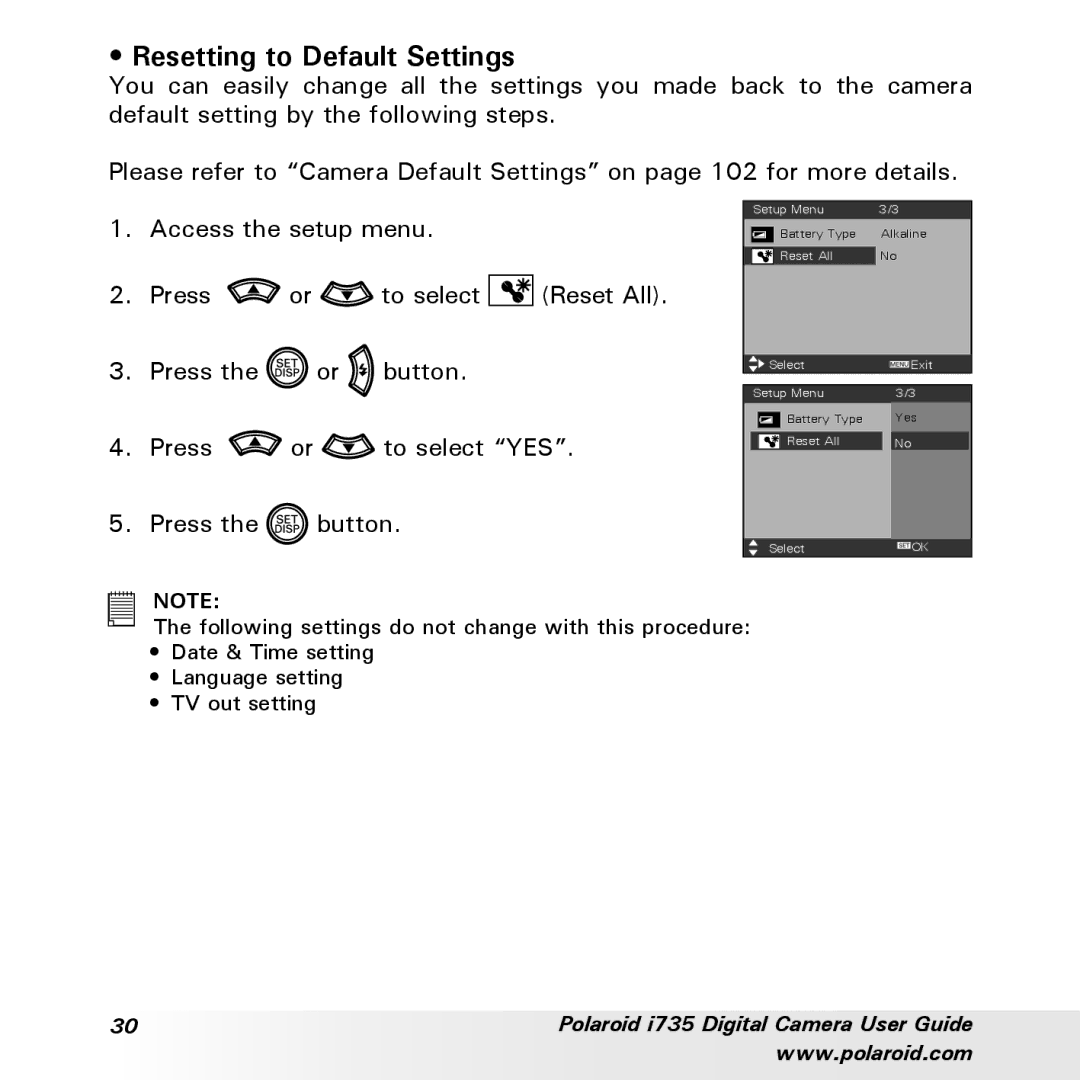 Polaroid i735 manual Resetting to Default Settings, Access the setup menu 