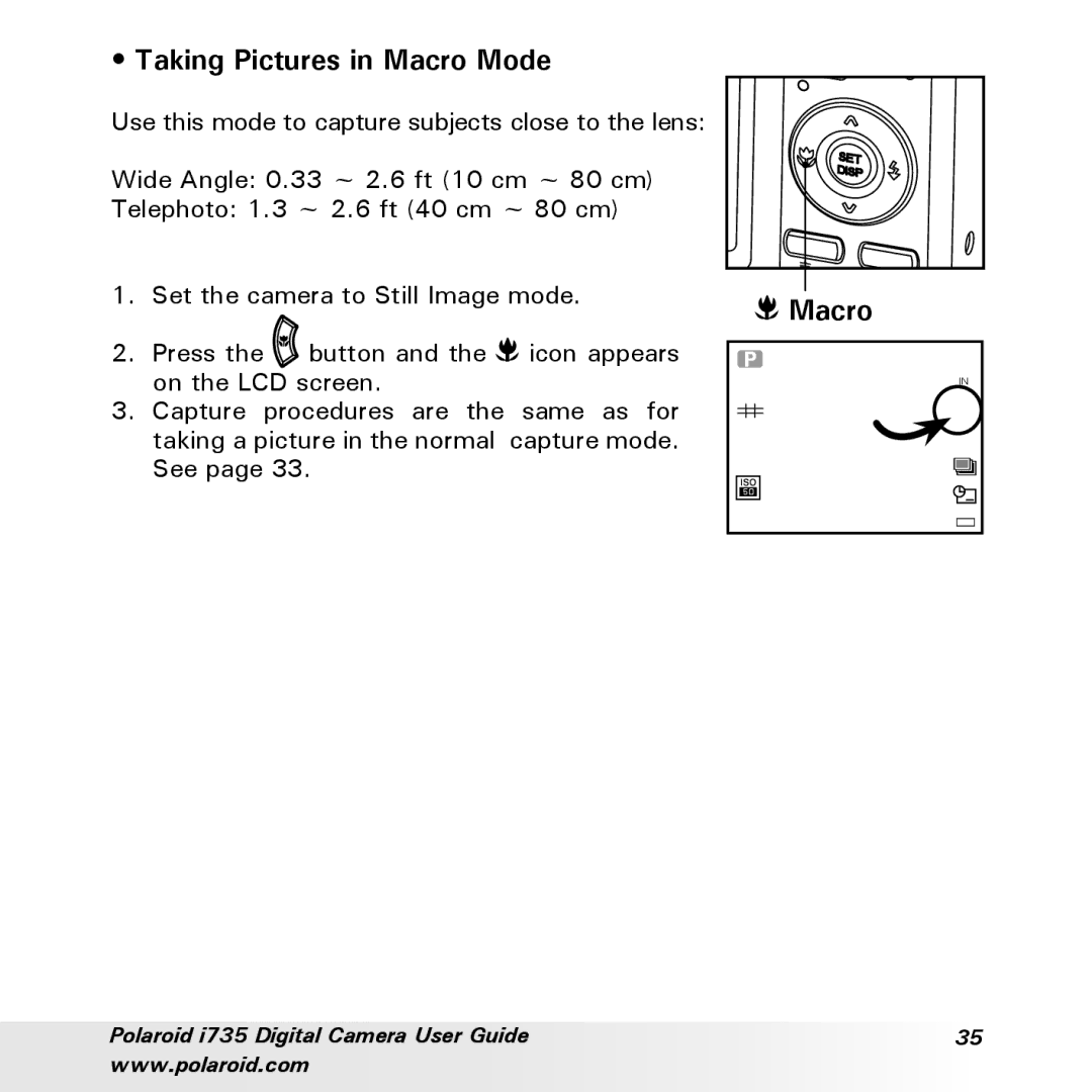 Polaroid i735 manual Taking Pictures in Macro Mode 