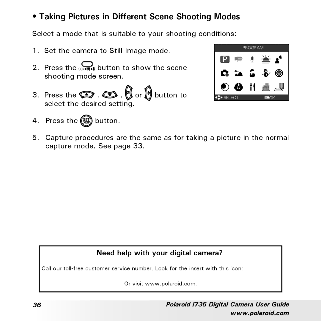 Polaroid i735 manual Taking Pictures in Different Scene Shooting Modes 