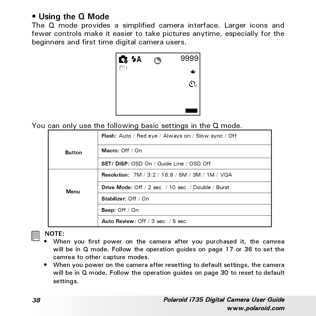 Polaroid i735 manual Using the Q Mode 