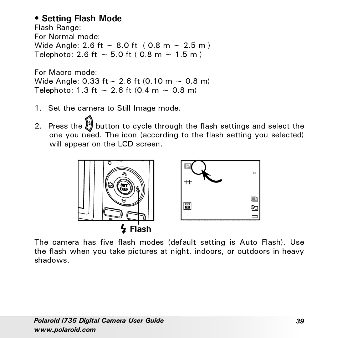 Polaroid i735 manual Setting Flash Mode 