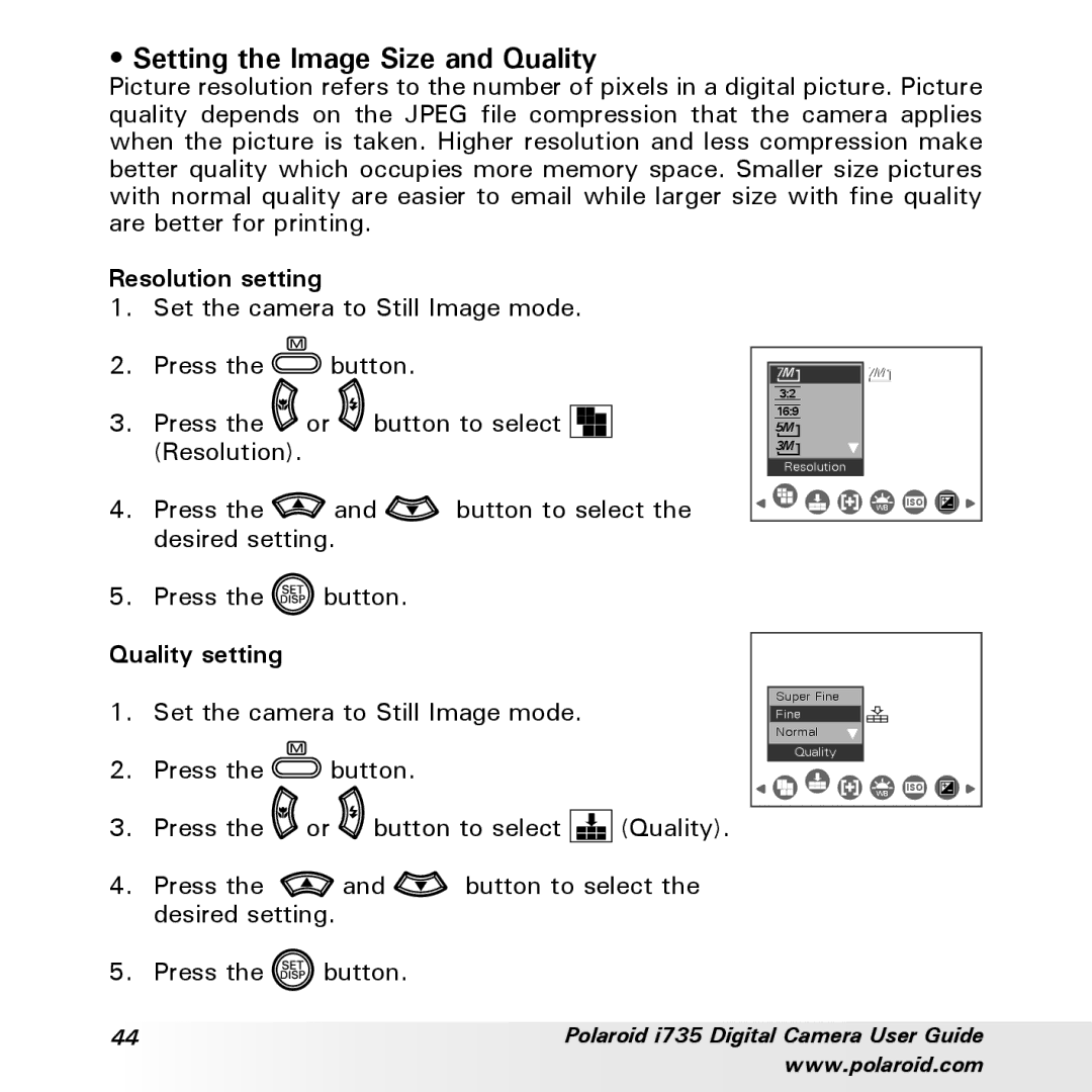 Polaroid i735 manual Setting the Image Size and Quality, Resolution setting, Quality setting 