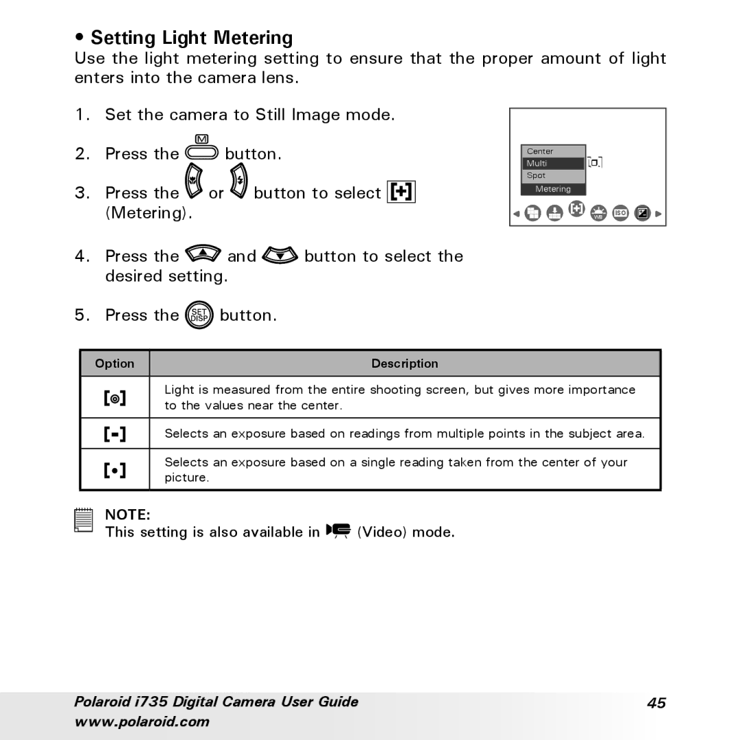 Polaroid i735 manual Setting Light Metering 