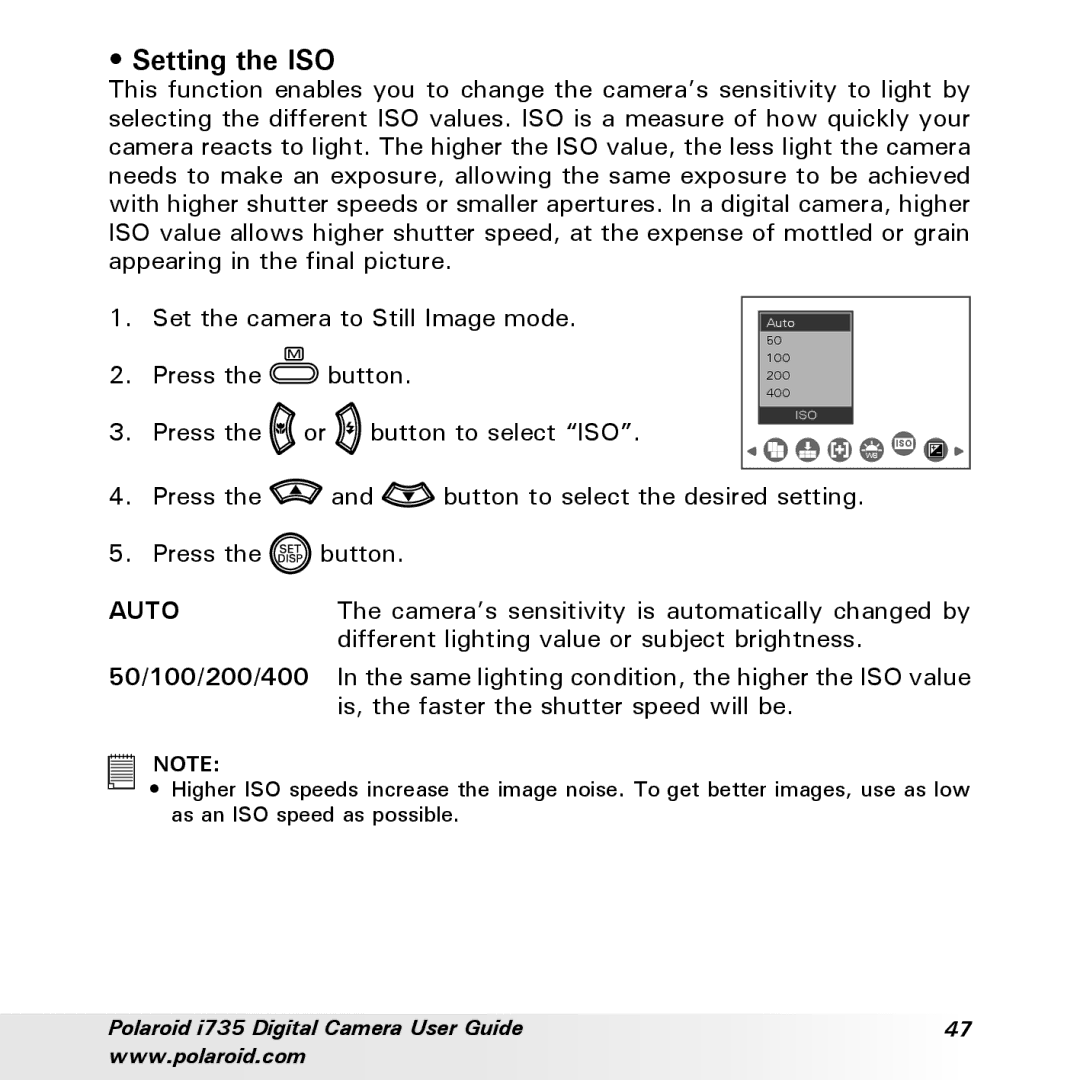 Polaroid i735 manual Setting the ISO, 50/100/200/400 