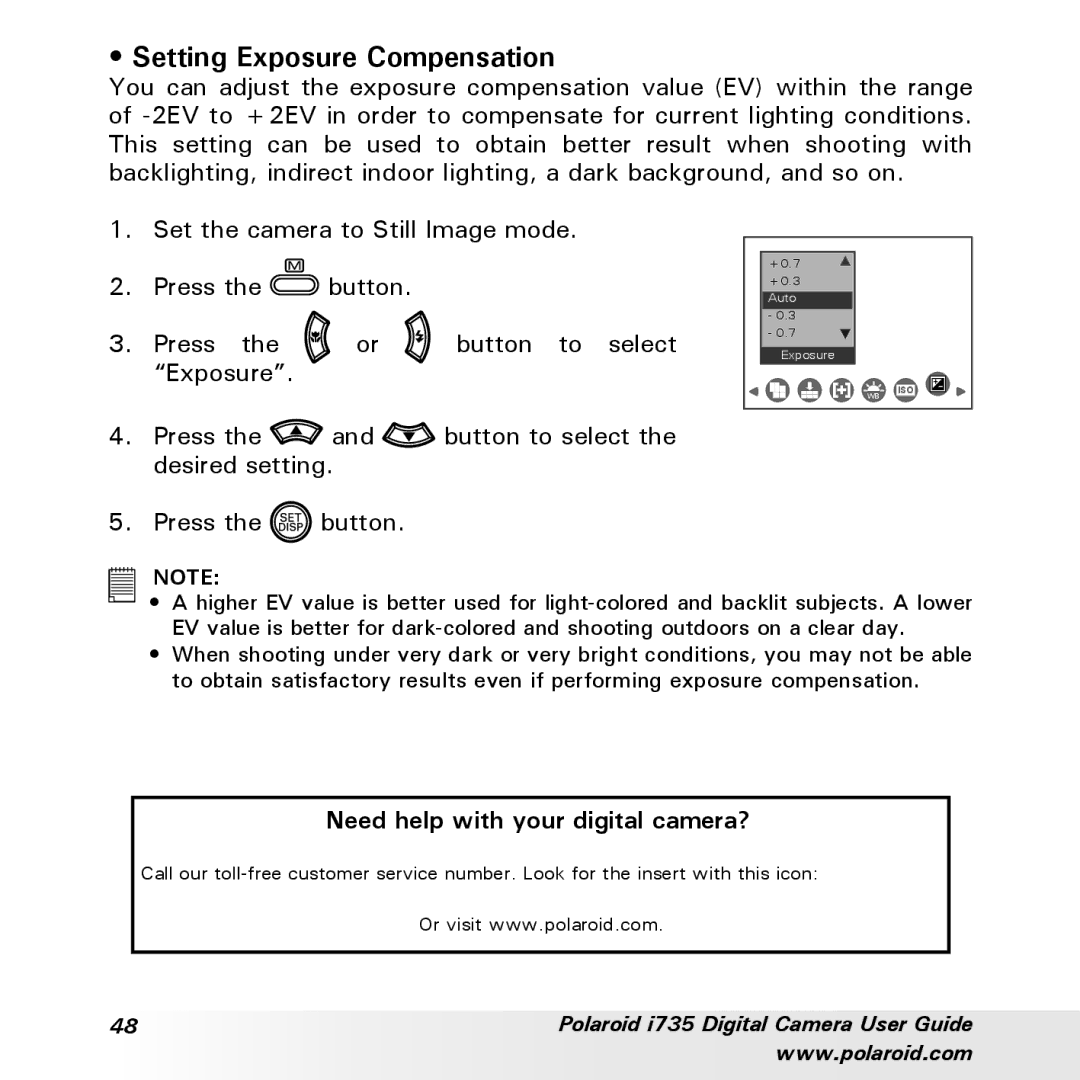 Polaroid i735 manual Setting Exposure Compensation, Need help with your digital camera? 