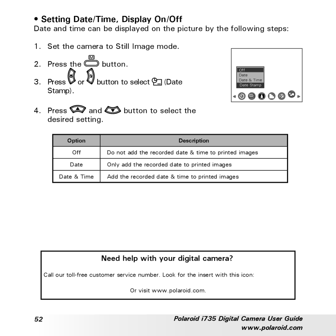 Polaroid i735 manual Setting Date/Time, Display On/Off, Button to select Desired setting 