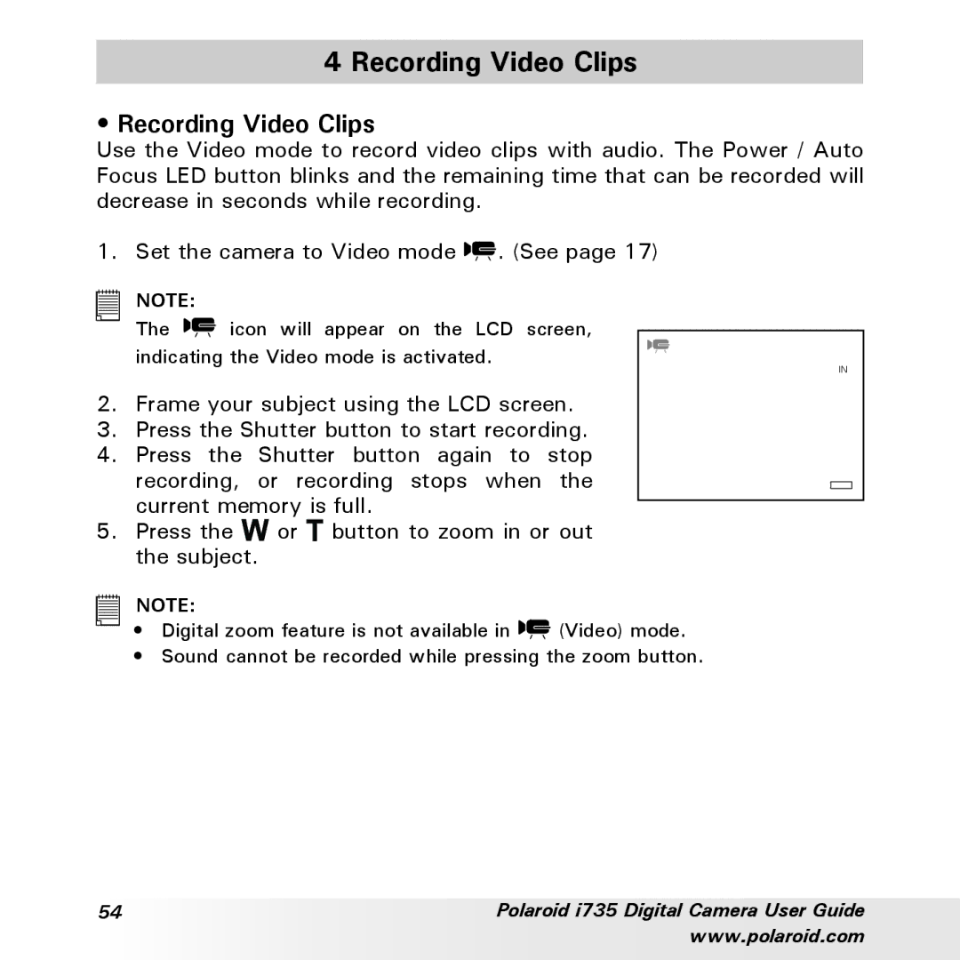 Polaroid i735 manual Recording Video Clips 