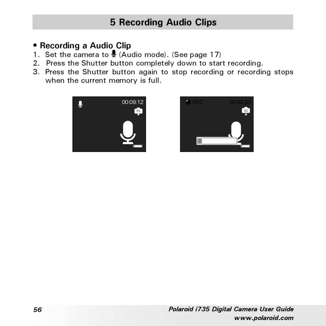 Polaroid i735 manual Recording Audio Clips, Recording a Audio Clip 