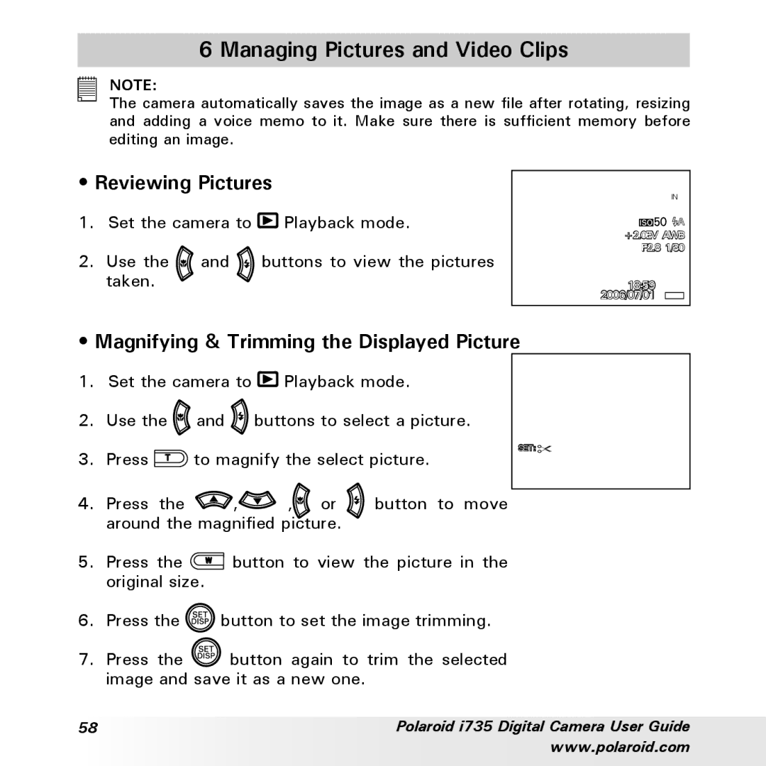 Polaroid i735 manual Managing Pictures and Video Clips, Reviewing Pictures, Magnifying & Trimming the Displayed Picture 