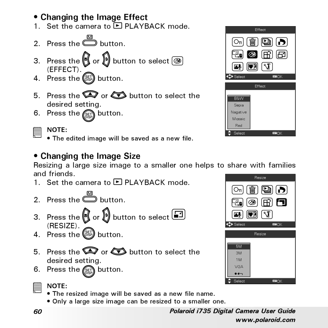 Polaroid i735 manual Changing the Image Effect, Changing the Image Size 