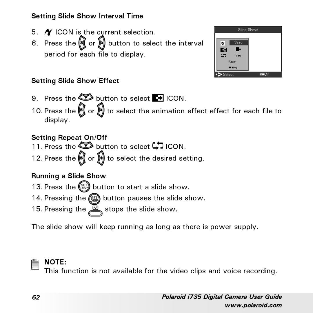 Polaroid i735 Setting Slide Show Interval Time, Setting Slide Show Effect, Setting Repeat On/Off, Running a Slide Show 