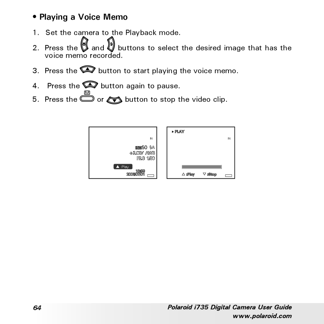 Polaroid i735 manual Playing a Voice Memo 