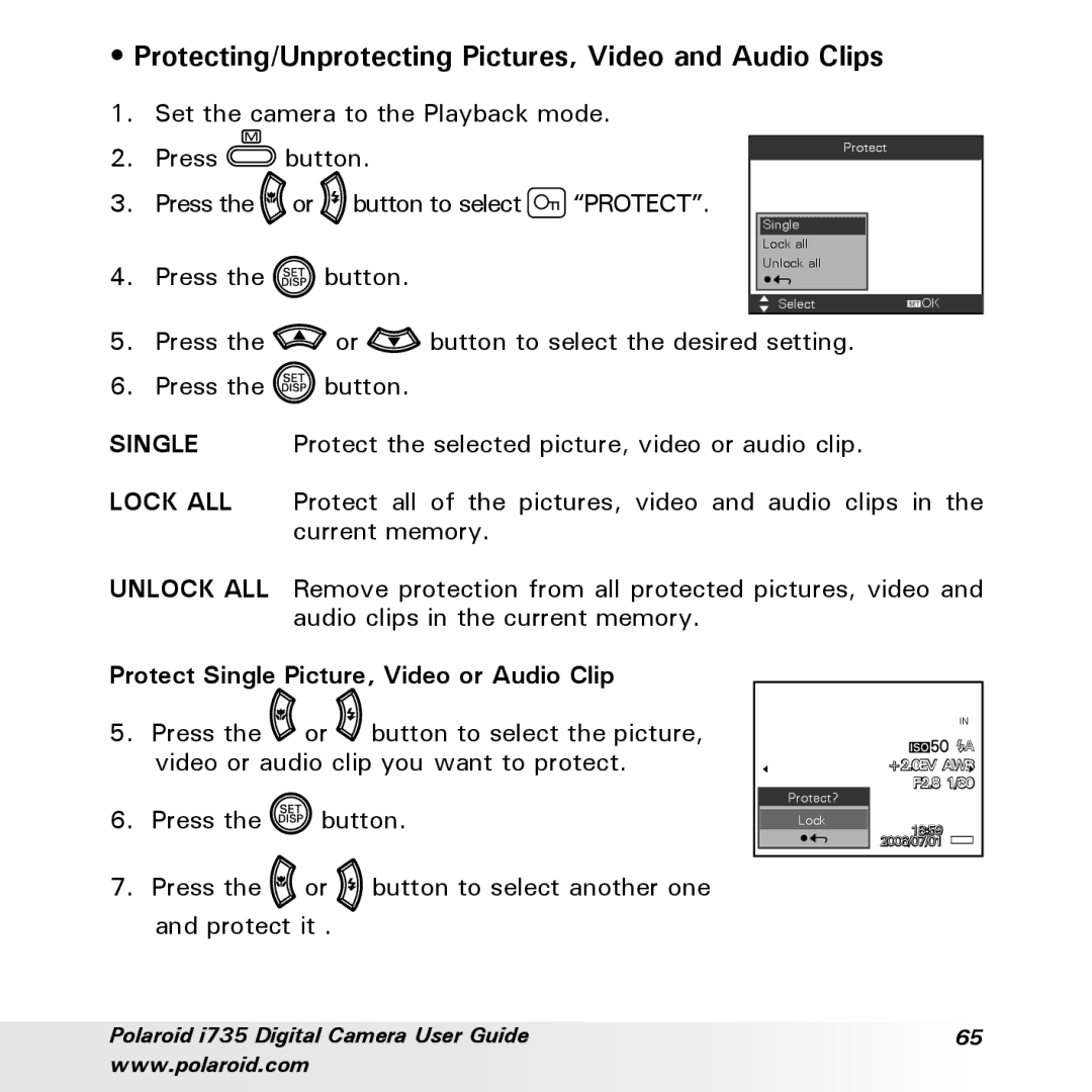 Polaroid i735 manual Protecting/Unprotecting Pictures, Video and Audio Clips, Protect Single Picture, Video or Audio Clip 