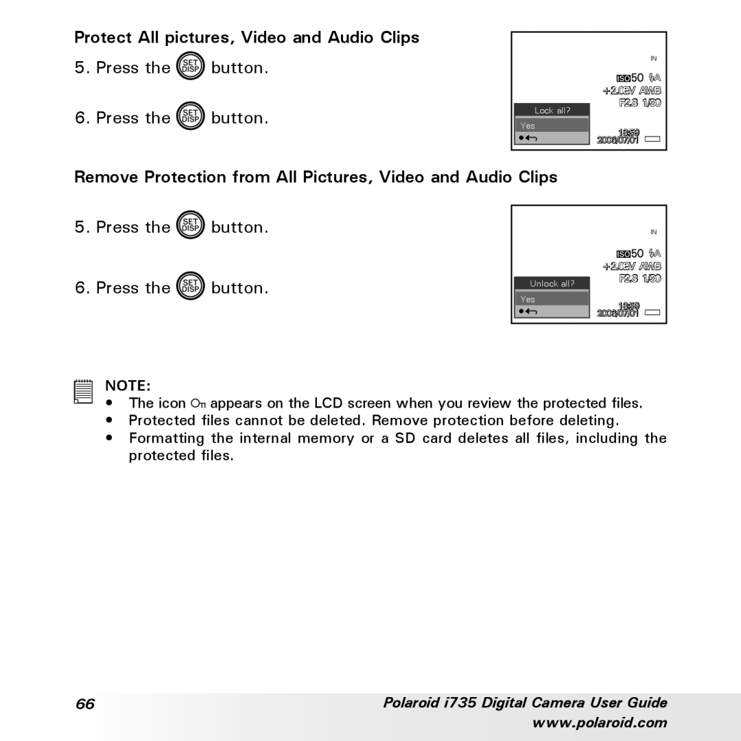 Polaroid i735 Protect All pictures, Video and Audio Clips, Remove Protection from All Pictures, Video and Audio Clips 