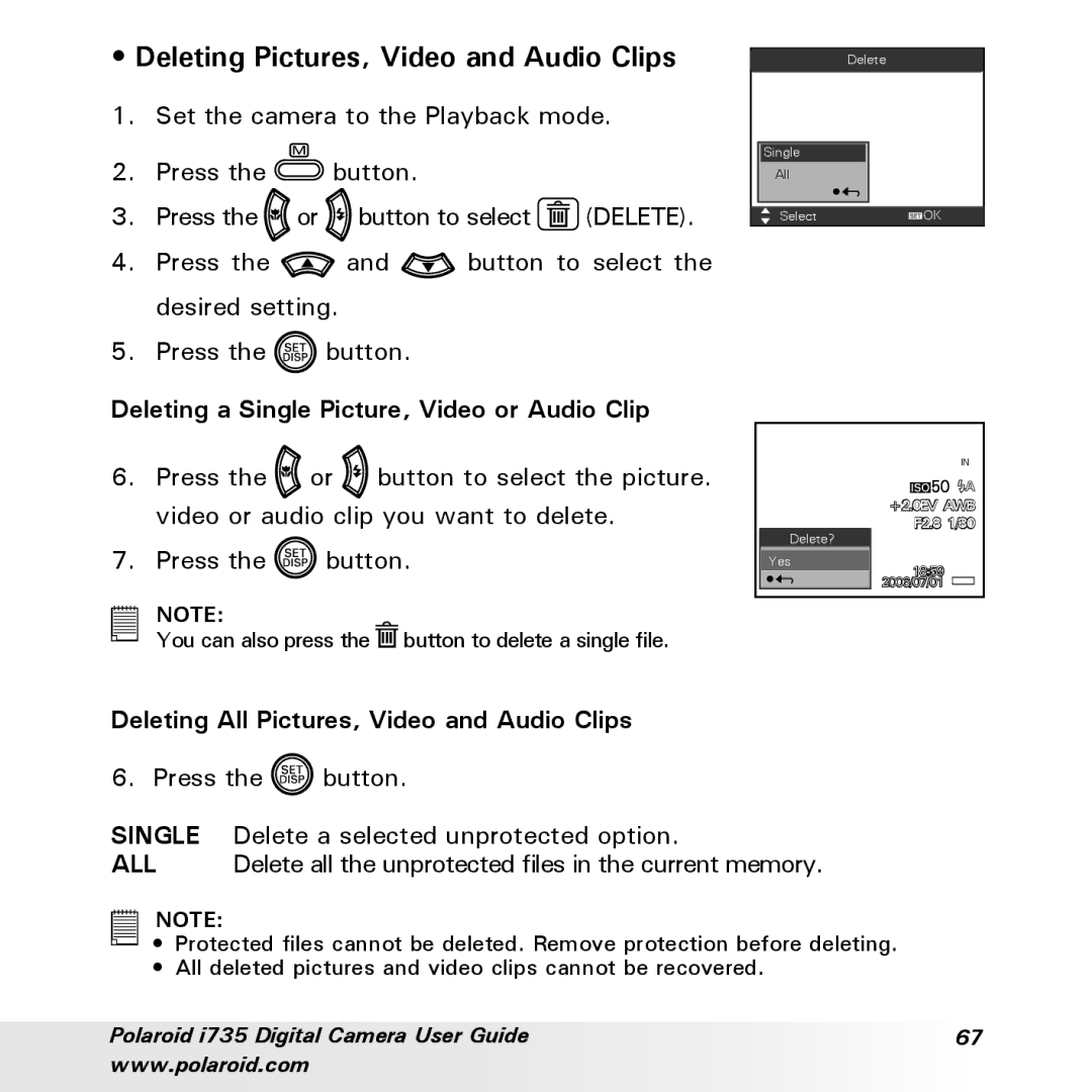 Polaroid i735 manual Deleting Pictures, Video and Audio Clips, Deleting a Single Picture, Video or Audio Clip 