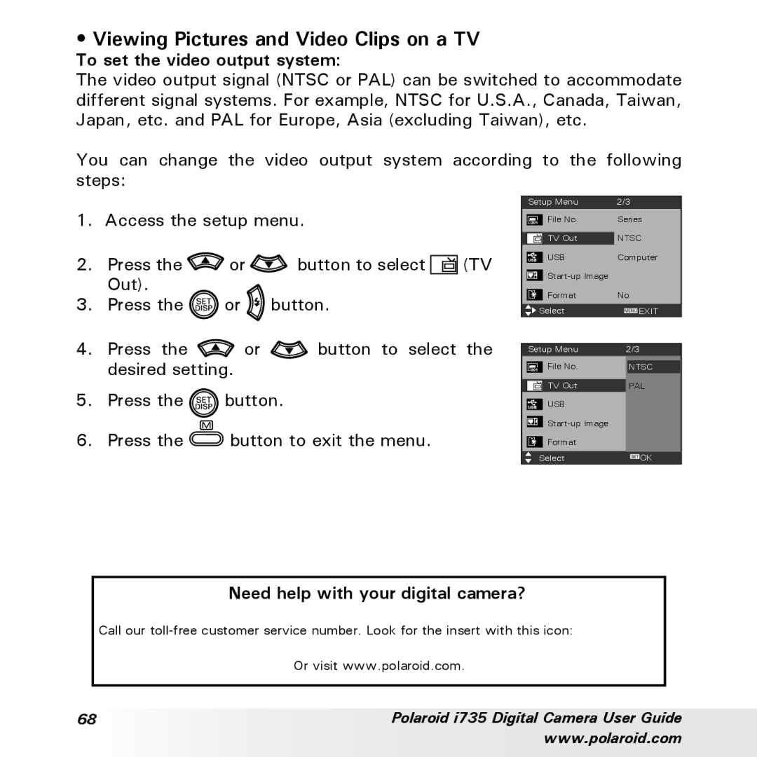 Polaroid i735 manual Viewing Pictures and Video Clips on a TV, To set the video output system 